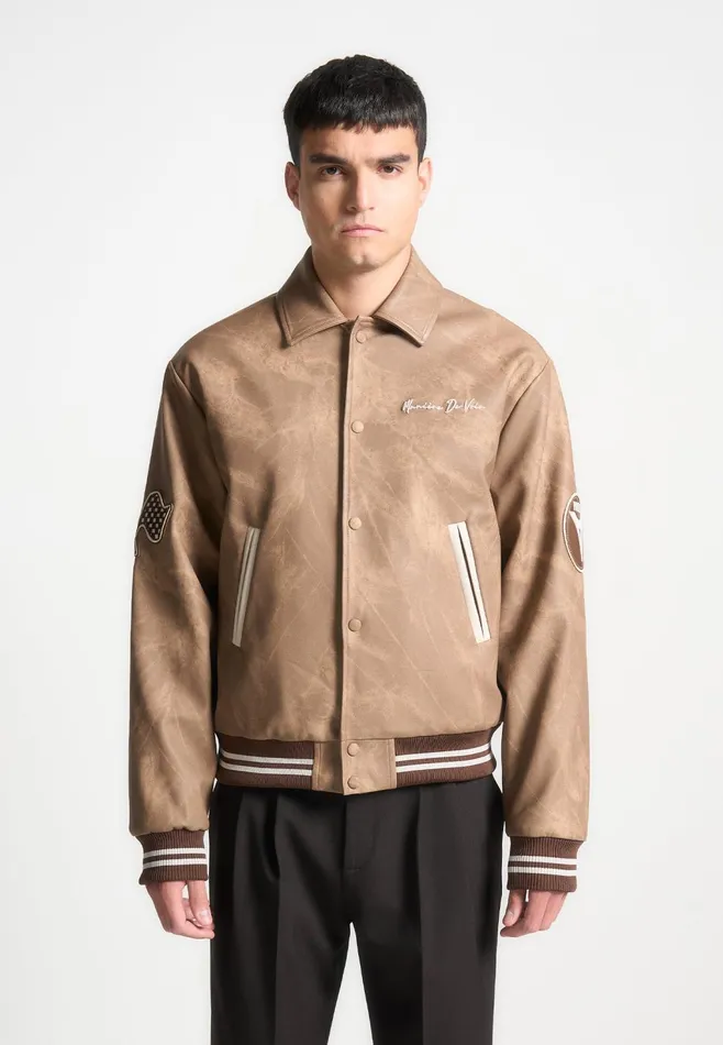 Men Manire De Voir Vintage Marble Varsity Jacket Brown
