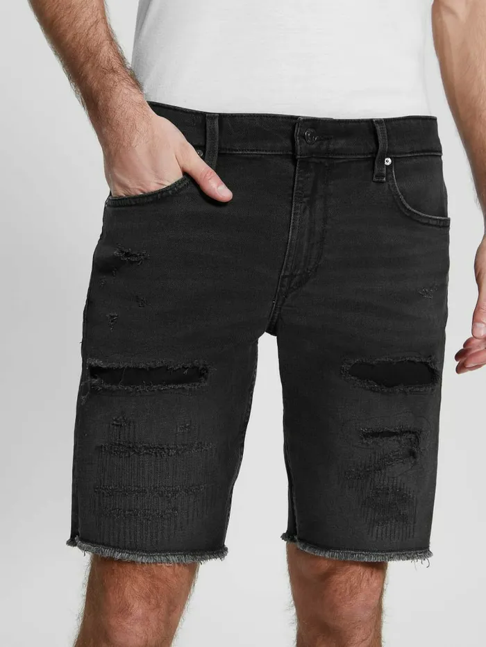 Men RipandRepair Regular Fit Denim Shorts Sable Black Jeans and Denim GUESS