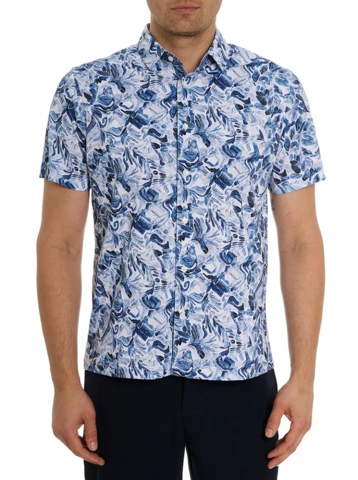Men Robert Graham Button Down Shirts Occasio Short Sleeve Knit Shirt Blue