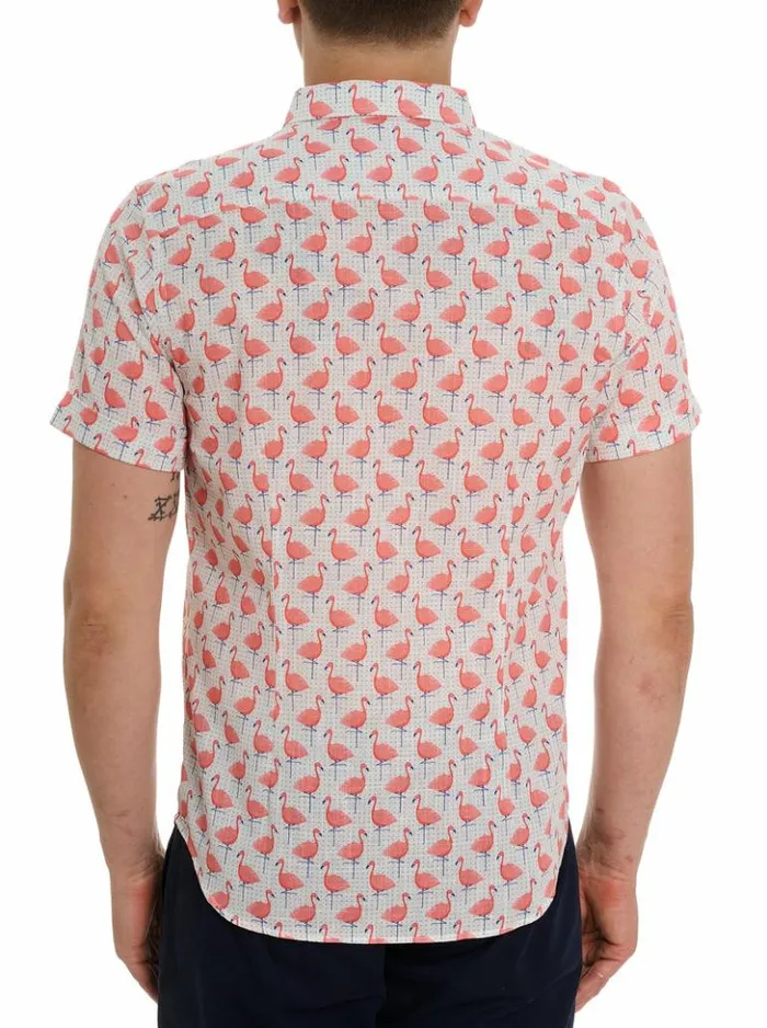 Men Robert Graham Button Down Shirts Polka Flamingo Short Sleeve Button Down Shirt Multi