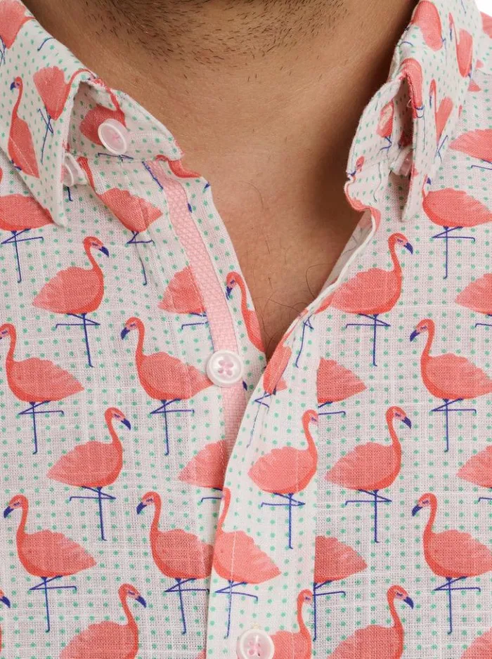 Men Robert Graham Button Down Shirts Polka Flamingo Short Sleeve Button Down Shirt Multi