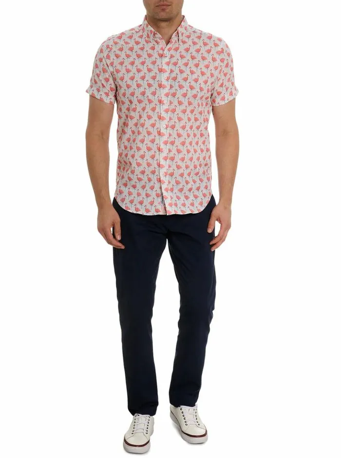Men Robert Graham Button Down Shirts Polka Flamingo Short Sleeve Button Down Shirt Multi