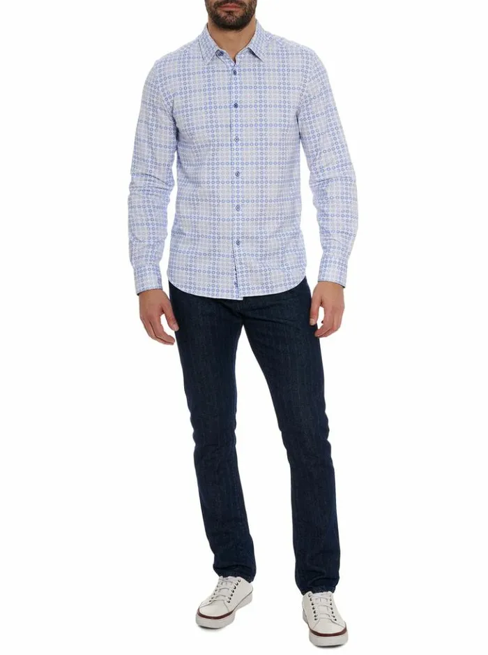 Men Robert Graham Button Down Shirts Port Of Call Motion Long Sleeve Knit Shirt Blue