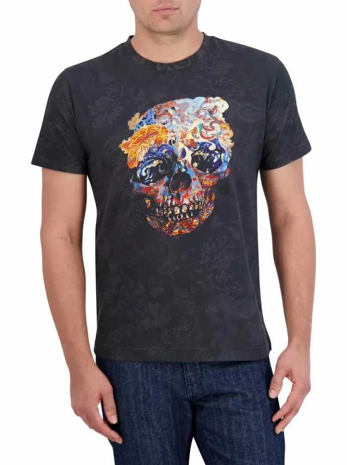 Men Robert Graham Polos and TShirts Skull Scrolls TShirt Black