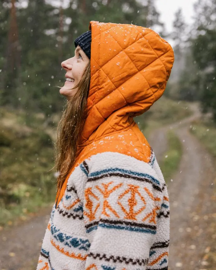 Passenger Tops Beaumont Recycled Sherpa Hooded Fleece Homespun Stripe Sunrise Orange Homespun Stripe Sunrise Orange 8211 Women