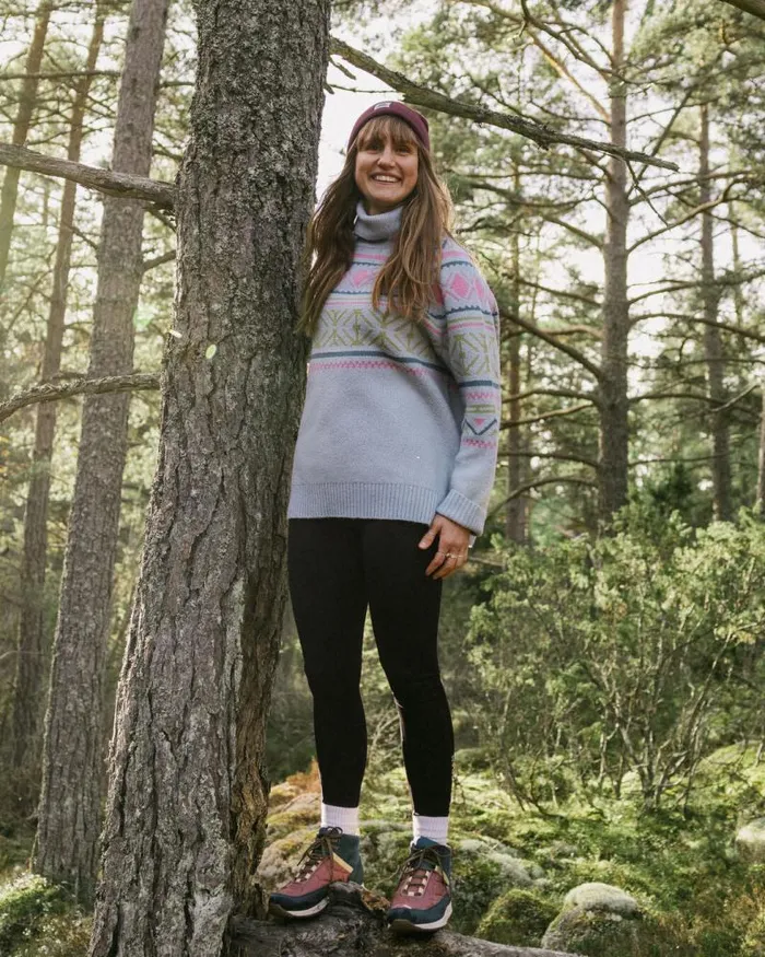 Passenger Tops Whimsical Recycled Oversized Polo Neck Knitted Jumper Homespun Stripe Blue Fog Homespun Stripe Blue Fog 8211 Women