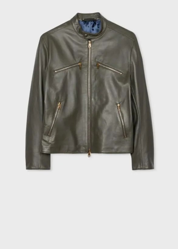 Paul Smith Coats and Jackets Leather Moto Jacket Khaki 8211 Mens