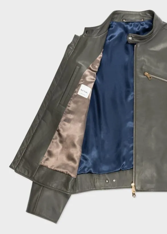 Paul Smith Coats and Jackets Leather Moto Jacket Khaki 8211 Mens
