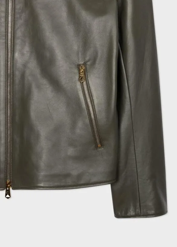 Paul Smith Coats and Jackets Leather Moto Jacket Khaki 8211 Mens
