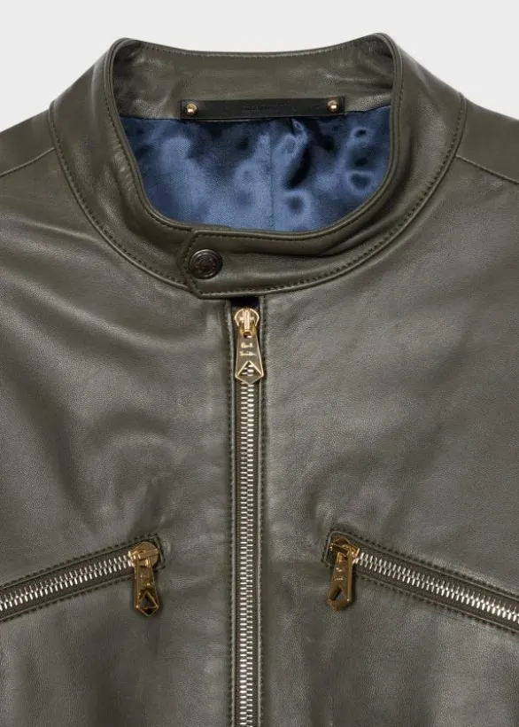Paul Smith Coats and Jackets Leather Moto Jacket Khaki 8211 Mens
