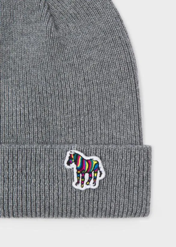 Paul Smith Hats and Gloves 039Zebra039 Logo Ribbed Lambswool Beanie Hat Grey 8211 Mens