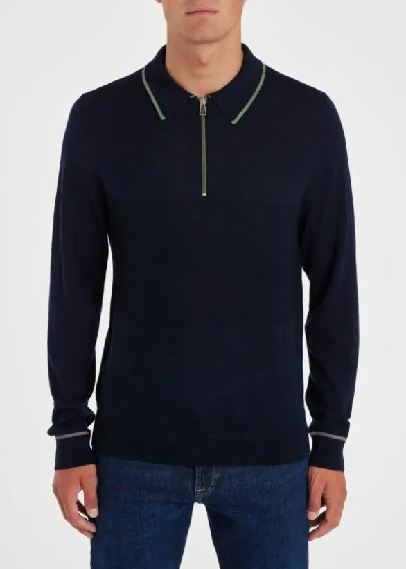 Paul Smith Sweaters Washable Merino Wool ZipNeck Sweater Navy 8211 Mens