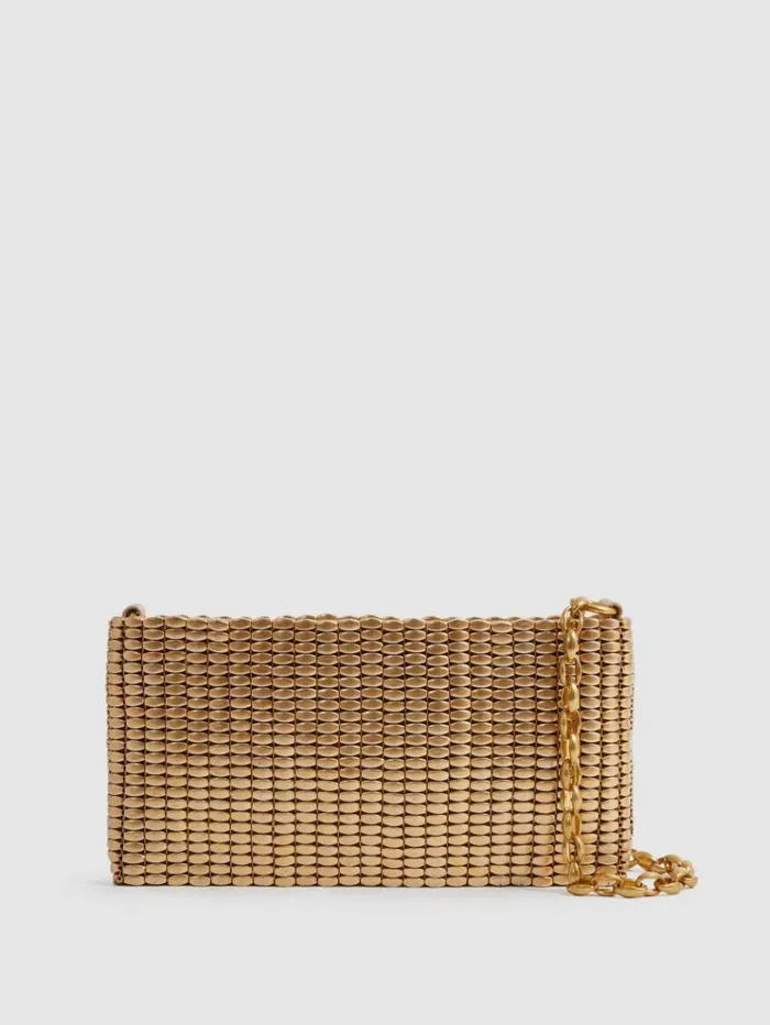 REISS Bags and Purses Women Beaded Removable Strap Shoulder Bag Gold