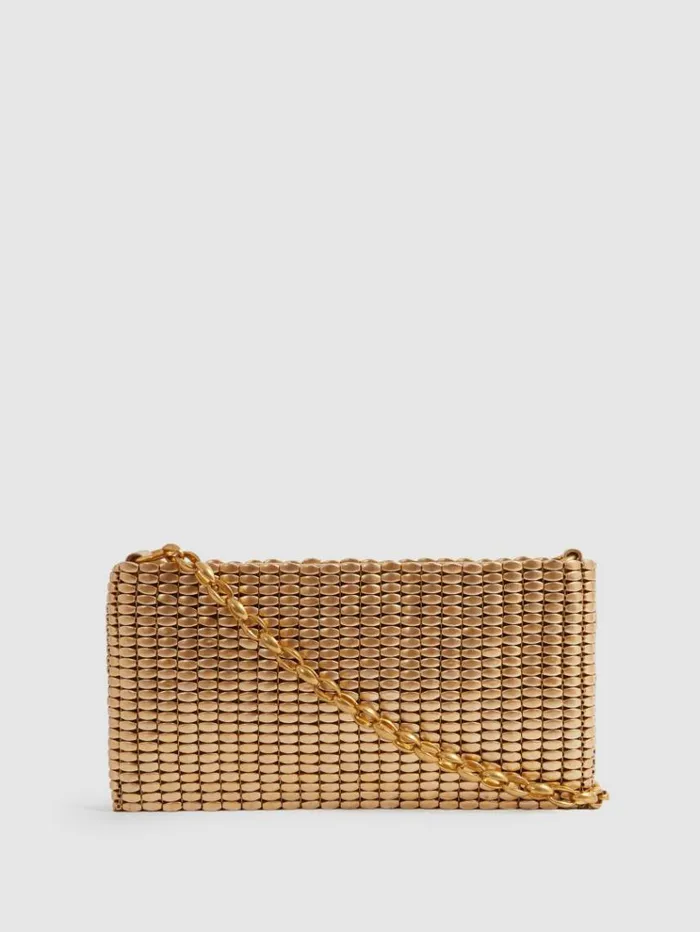 REISS Bags and Purses Women Beaded Removable Strap Shoulder Bag Gold