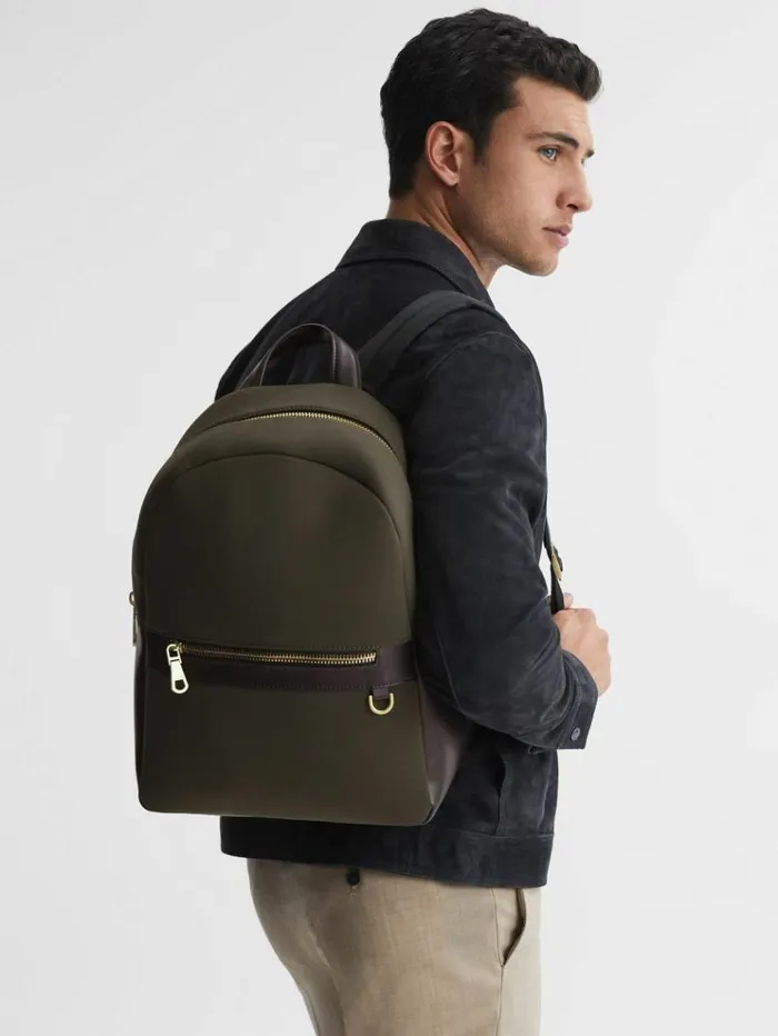 REISS Bags Men Neoprene Zipped Backpack Khaki