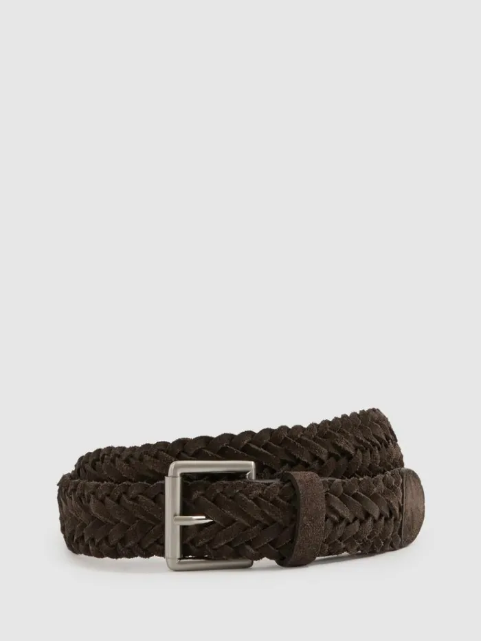 REISS Belts Men Suede Woven Belt Chocolate Brown