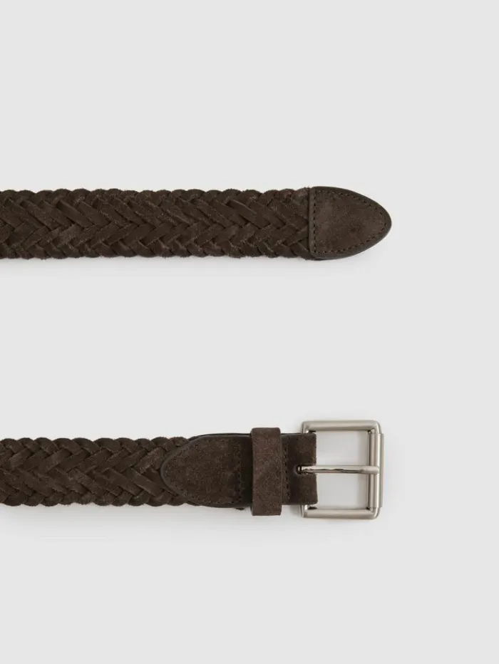 REISS Belts Men Suede Woven Belt Chocolate Brown