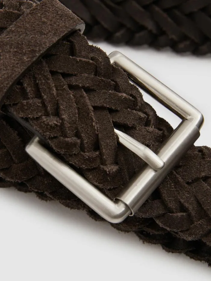 REISS Belts Men Suede Woven Belt Chocolate Brown