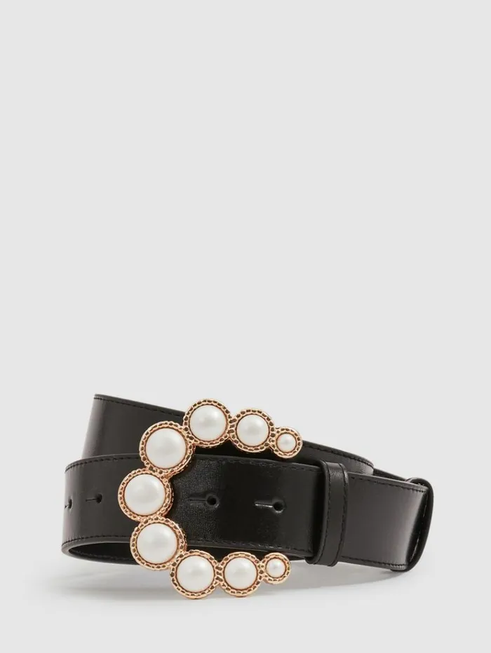 REISS Belts Women Camilla Elphick Leather Pearl Buckle Belt Black