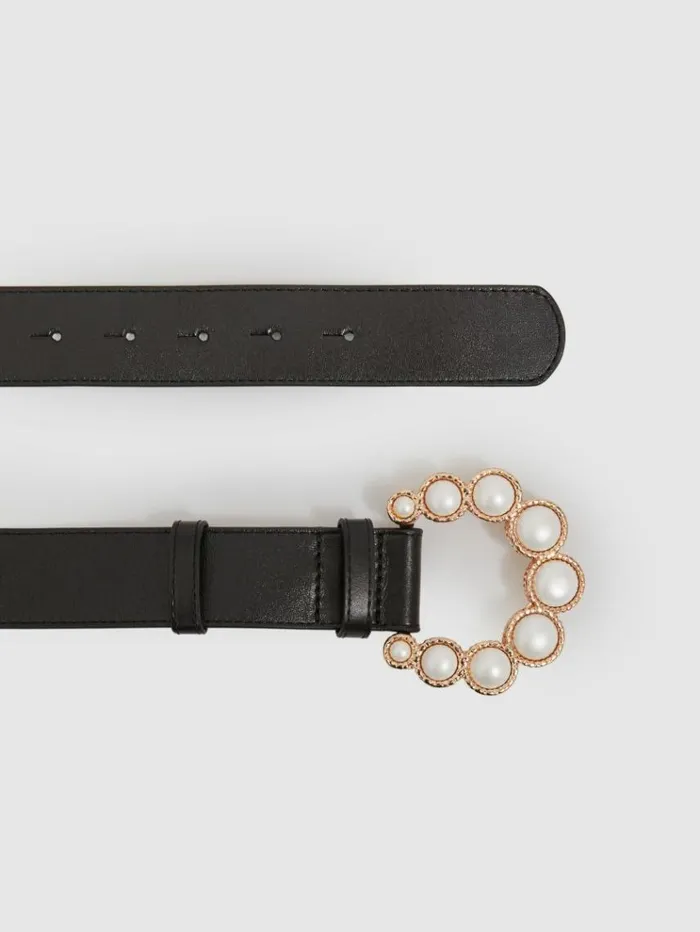REISS Belts Women Camilla Elphick Leather Pearl Buckle Belt Black