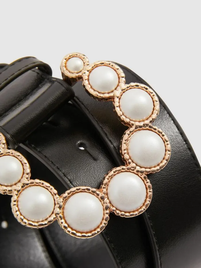 REISS Belts Women Camilla Elphick Leather Pearl Buckle Belt Black
