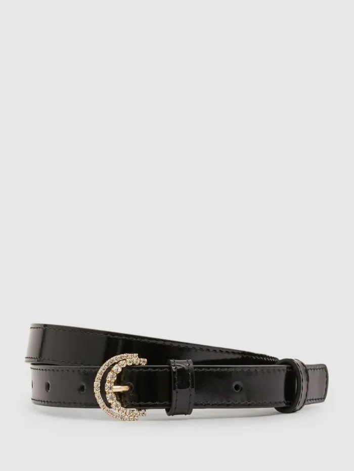 REISS Belts Women Camilla Elphick Patent Leather Embellished Buckle Belt Black
