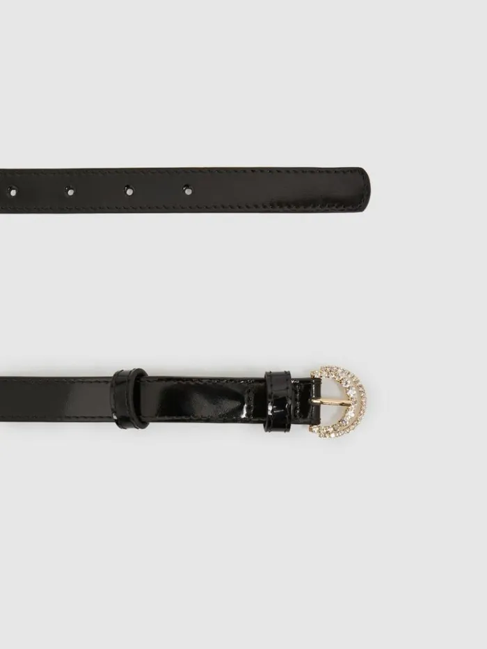 REISS Belts Women Camilla Elphick Patent Leather Embellished Buckle Belt Black