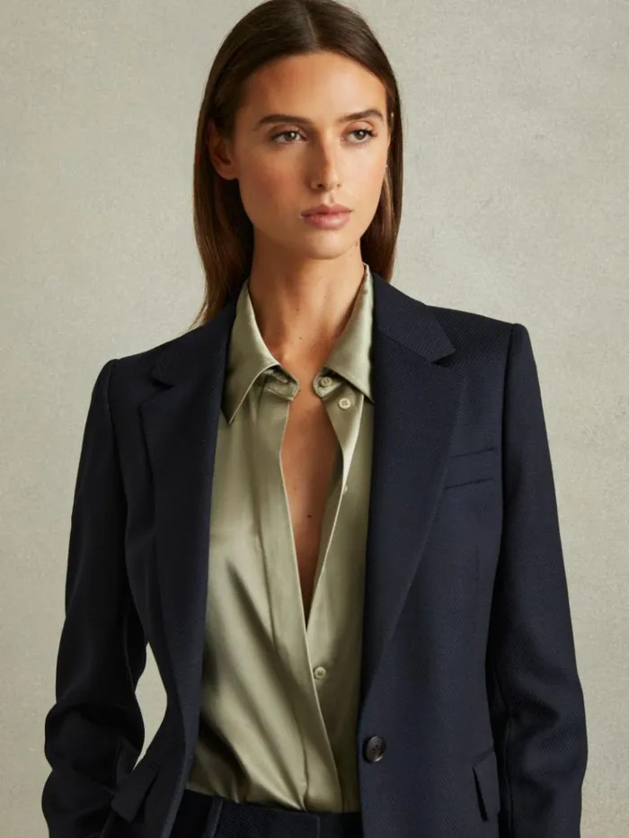 REISS Blazers and Jackets Women Textured Single Breasted Suit Blazer Navy