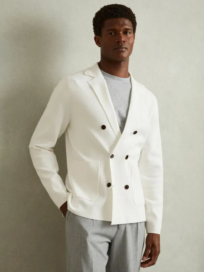REISS Blazers Men Knitted Double Breasted Blazer Ivory White
