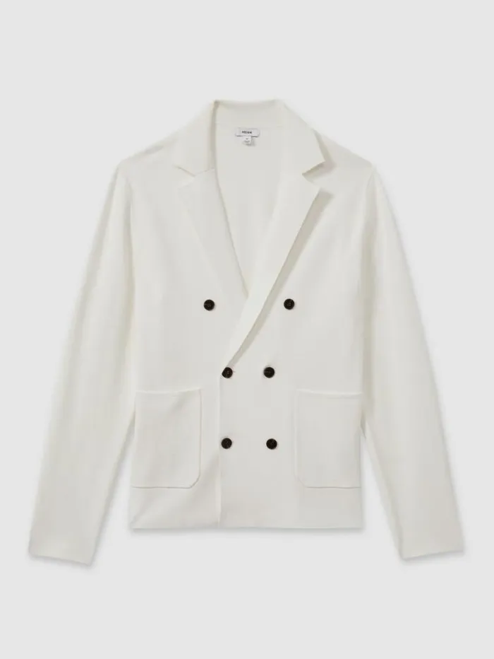 REISS Blazers Men Knitted Double Breasted Blazer Ivory White