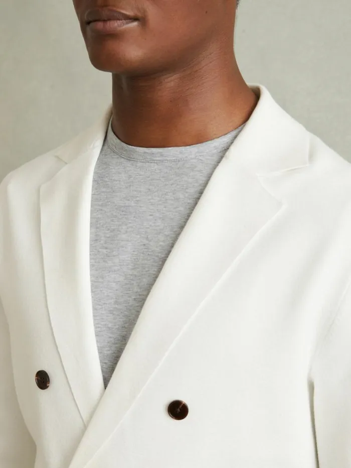 REISS Blazers Men Knitted Double Breasted Blazer Ivory White