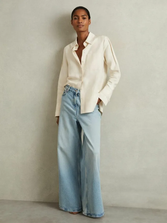 REISS Blouses and Shirts Women ViscoseLinen HighLow Shirt Beige