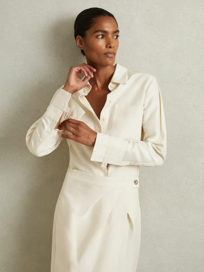 REISS Blouses and Shirts Women ViscoseLinen HighLow Shirt Beige
