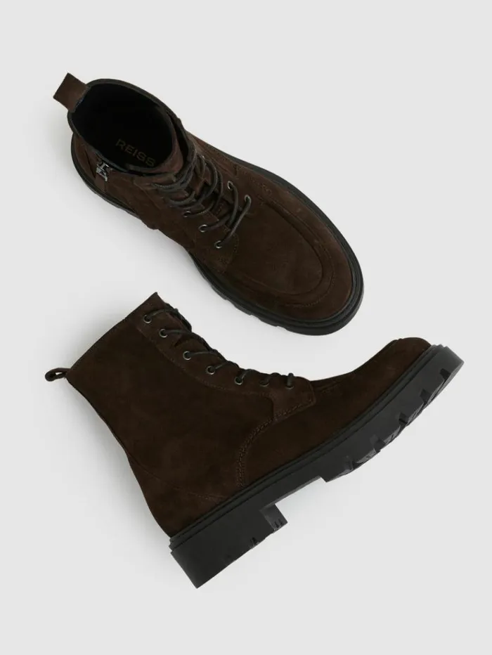 REISS Boots Women Leather LaceUp Boots Chocolate