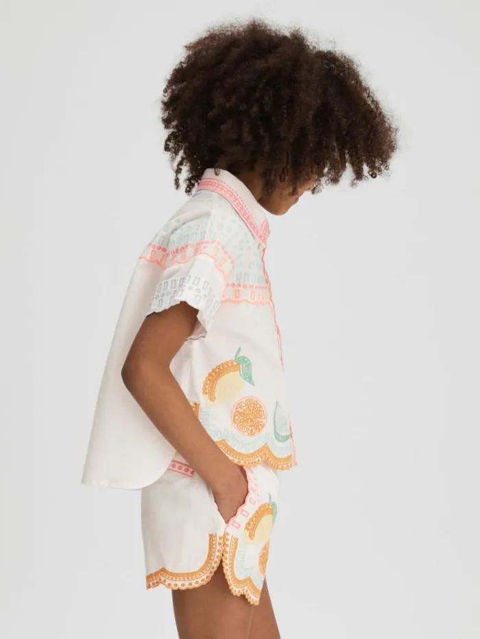 REISS CoOrds Children Cotton Broderie Shorts Ivory Print