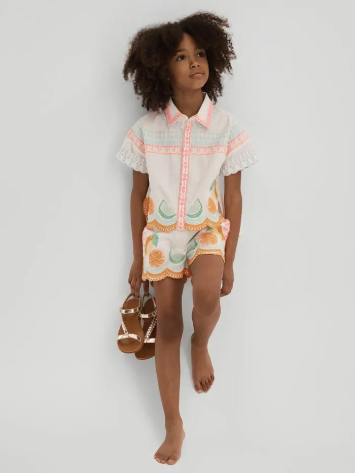 REISS CoOrds Children Cotton Broderie Shorts Ivory Print