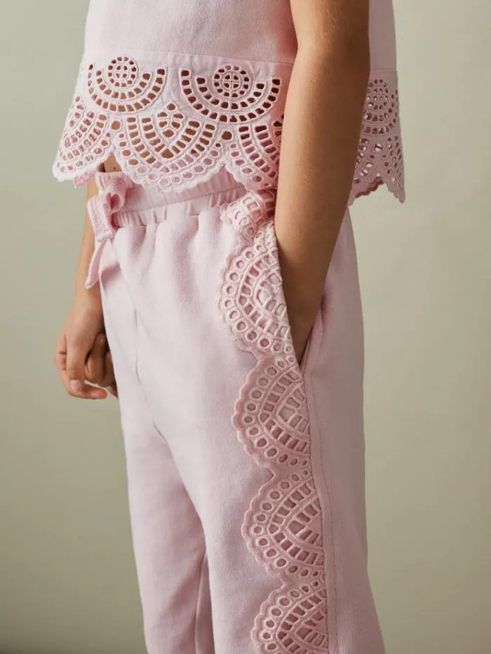 REISS CoOrds Children Sophie Teen Cotton Broderie Drawstring Trousers Pink