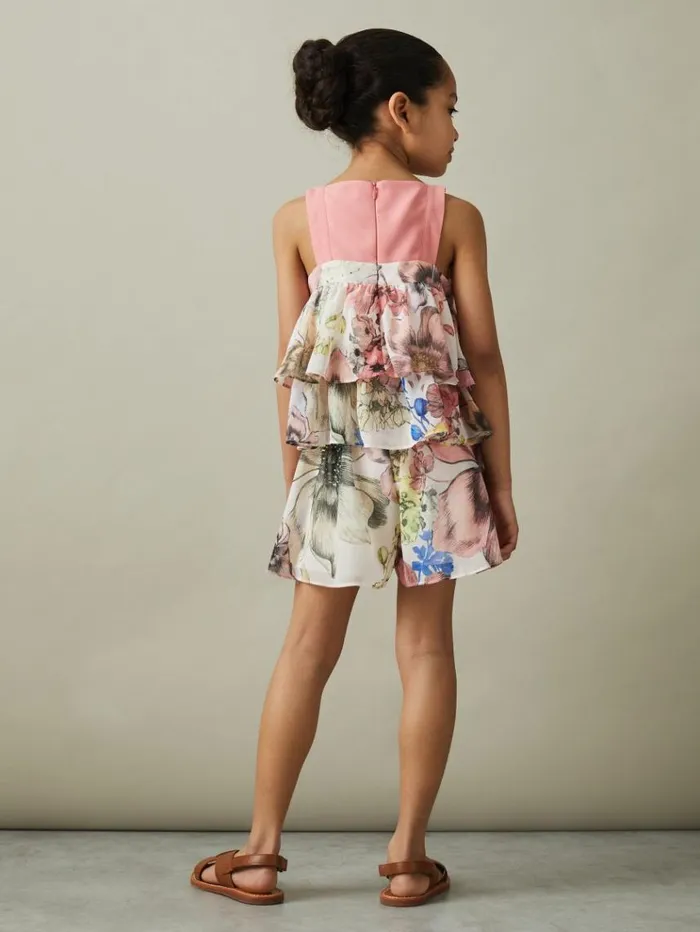 REISS CoOrds Children Tiered Floral Print Top CoOrd Pink Print