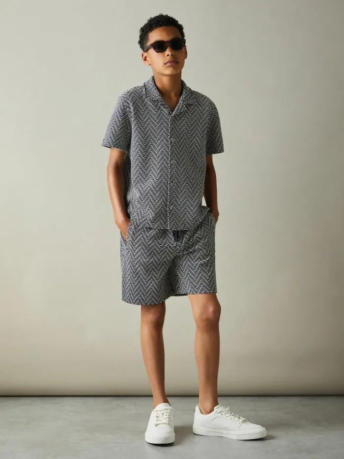 REISS CoOrds Children ZigZag Cuban Collar Shirt Navy