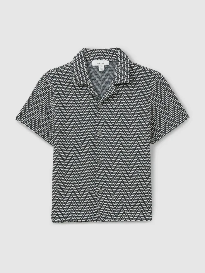 REISS CoOrds Children ZigZag Cuban Collar Shirt Navy