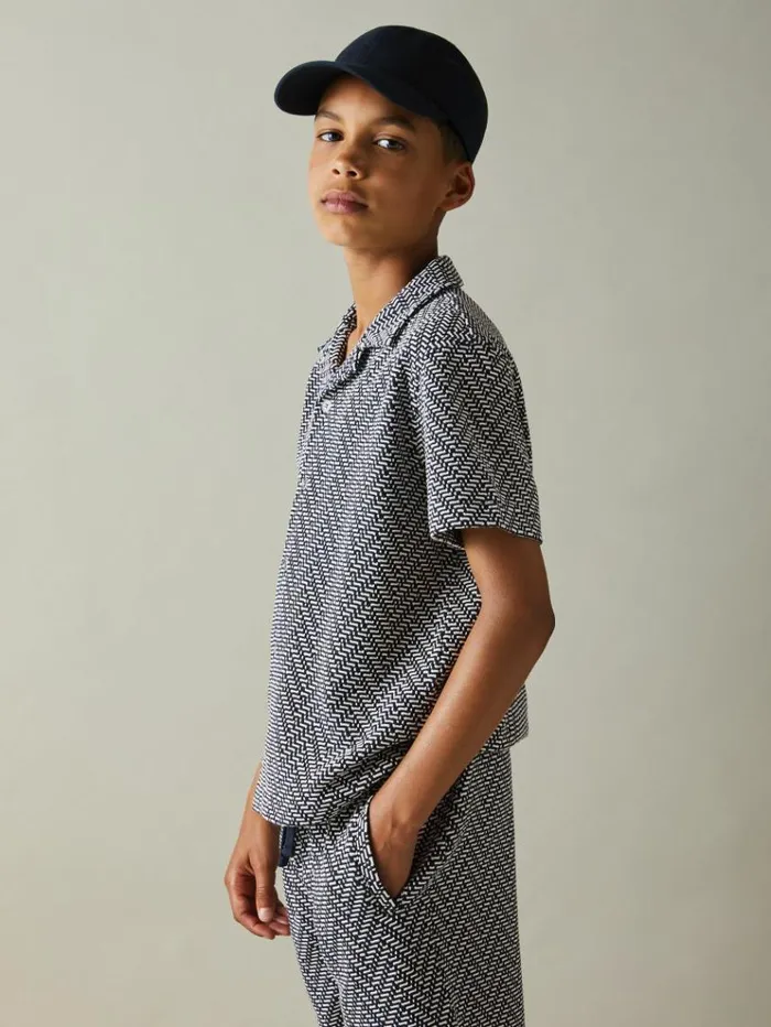 REISS CoOrds Children ZigZag Cuban Collar Shirt Navy
