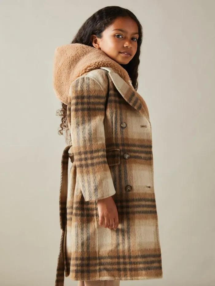 REISS Coats and Jackets Children Checked Wool Blend Blindseam Coat Brown