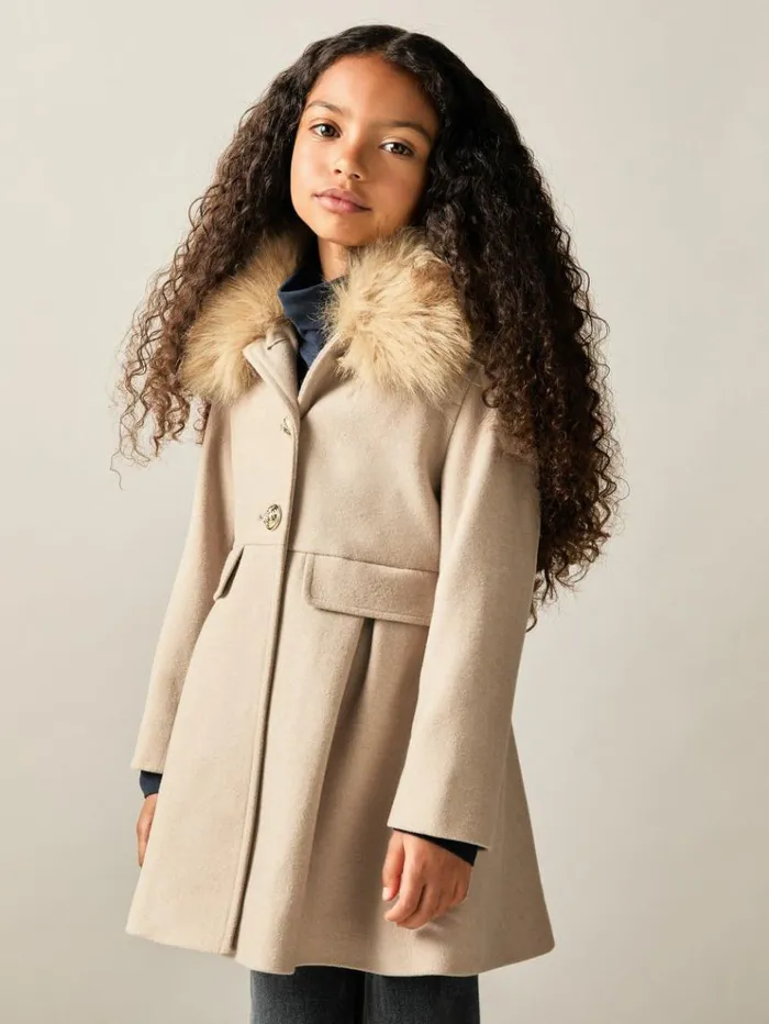 REISS Coats and Jackets Children Faux Fur Collar Wool Blend Coat Oatmeal