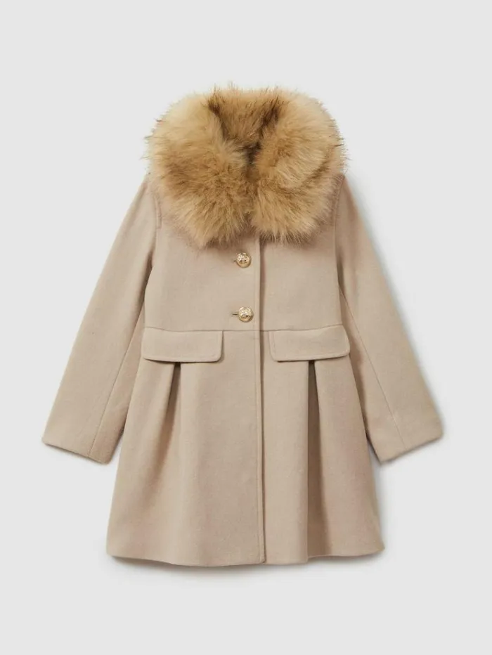 REISS Coats and Jackets Children Faux Fur Collar Wool Blend Coat Oatmeal