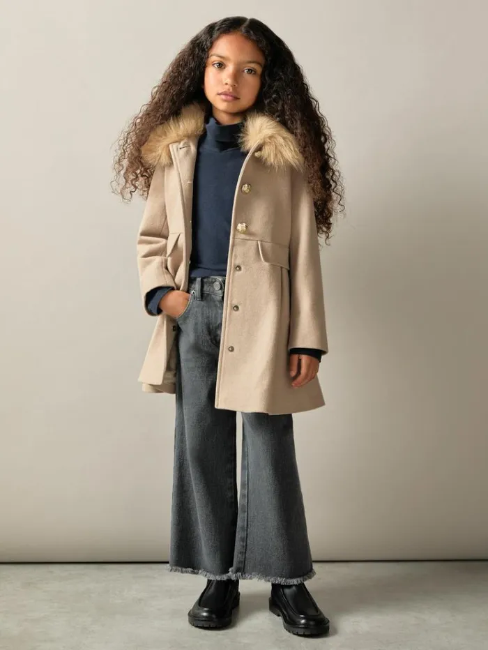 REISS Coats and Jackets Children Faux Fur Collar Wool Blend Coat Oatmeal