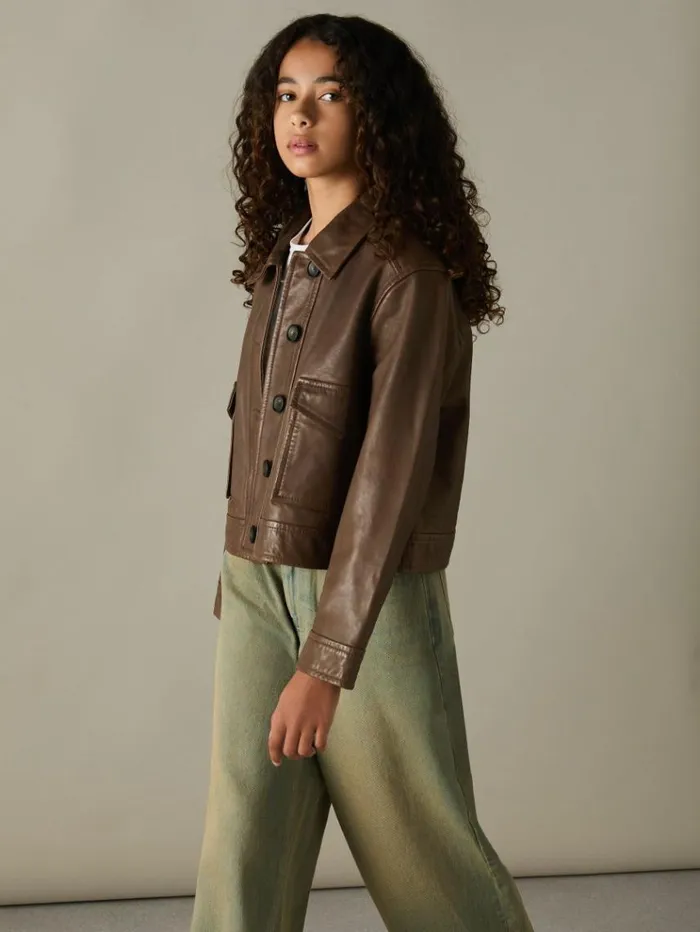 REISS Coats and Jackets Children Leather PatchPocket Jacket Brown