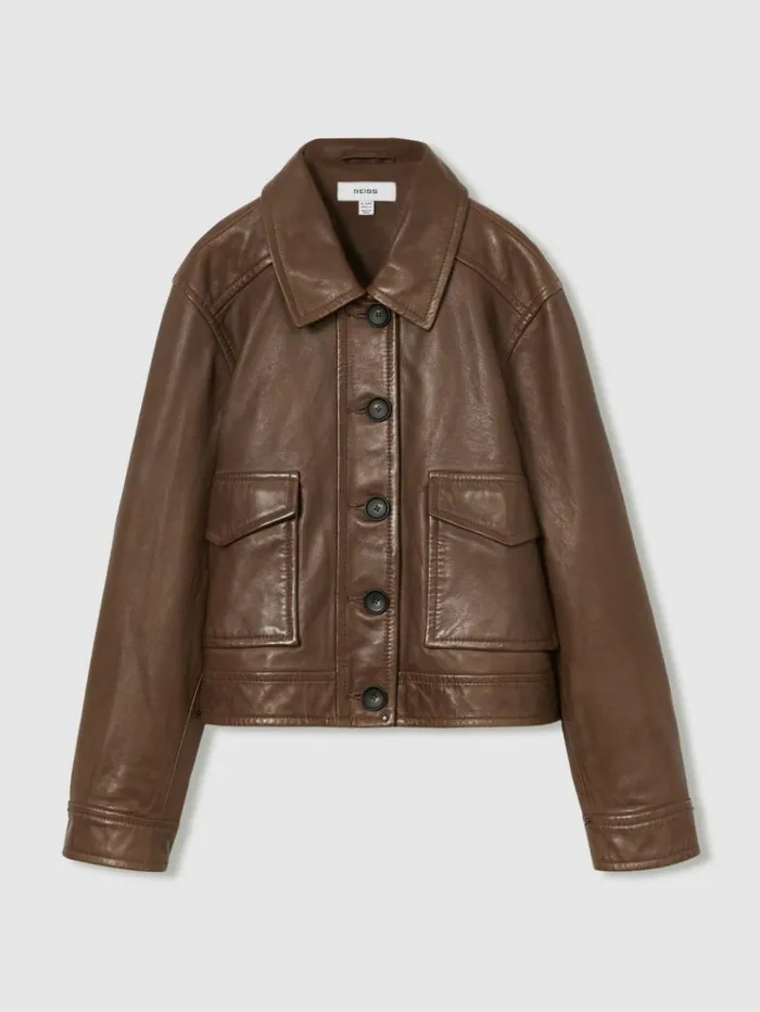 REISS Coats and Jackets Children Leather PatchPocket Jacket Brown