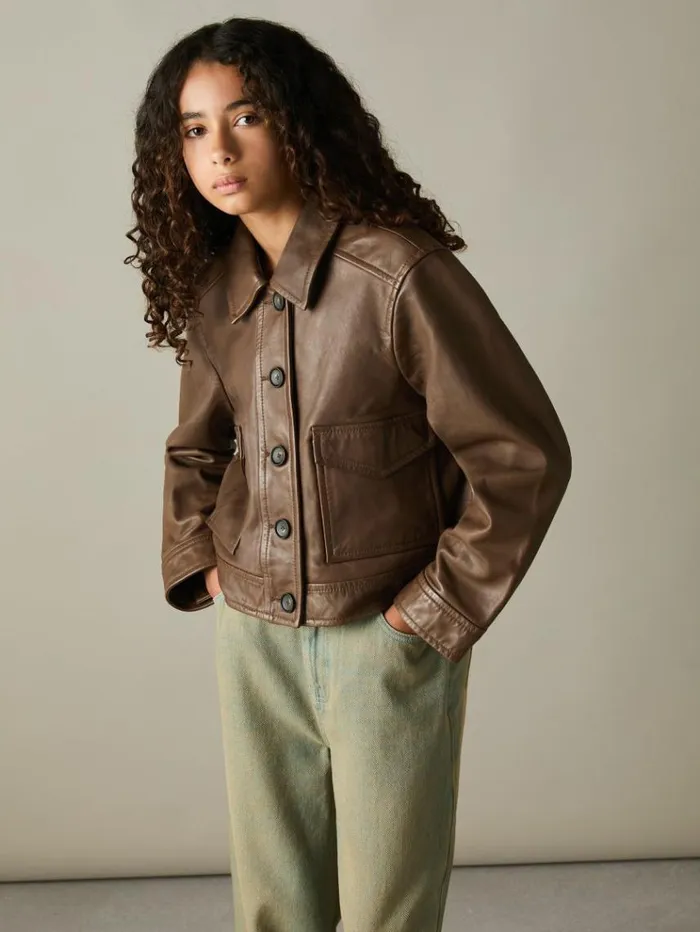 REISS Coats and Jackets Children Leather PatchPocket Jacket Brown