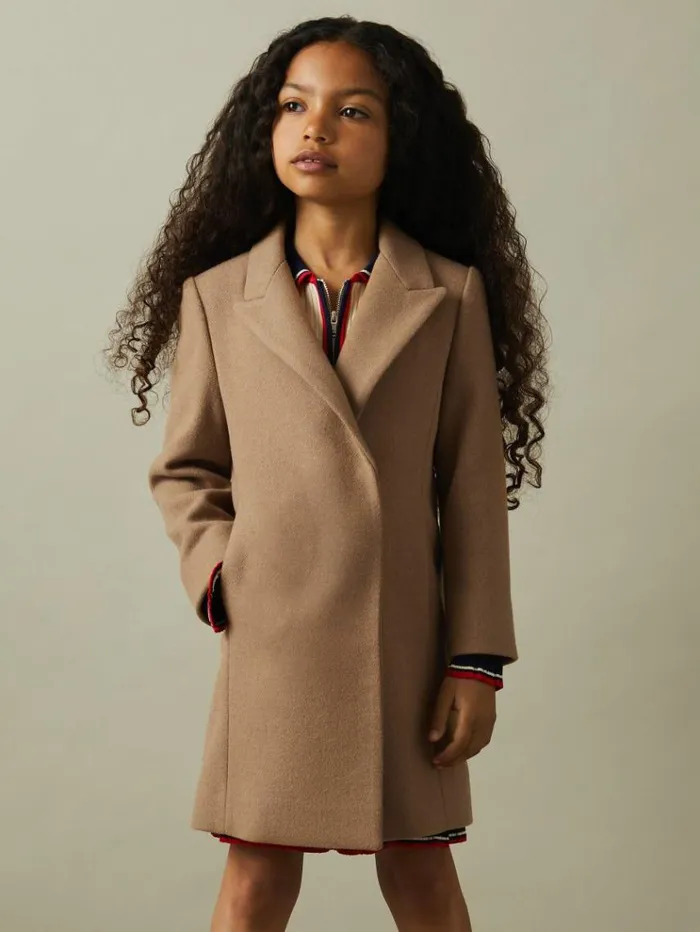 REISS Coats and Jackets Children Mid Length Wool Blend Coat Camel