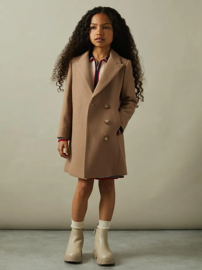 REISS Coats and Jackets Children Mid Length Wool Blend Coat Camel